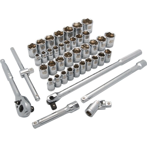 1/2" Dr 41Pcs 6 Pt Std, SAE/Metric Socket Set, 3/8"-1-5/16", 10mm-28mm